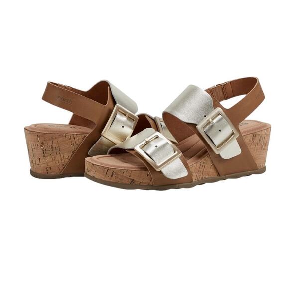 Earth Womens NEW Size 7.5 Willa Strappy Casual Mid Cork Wedge Sandals Gold NIB - Picture 2 of 11